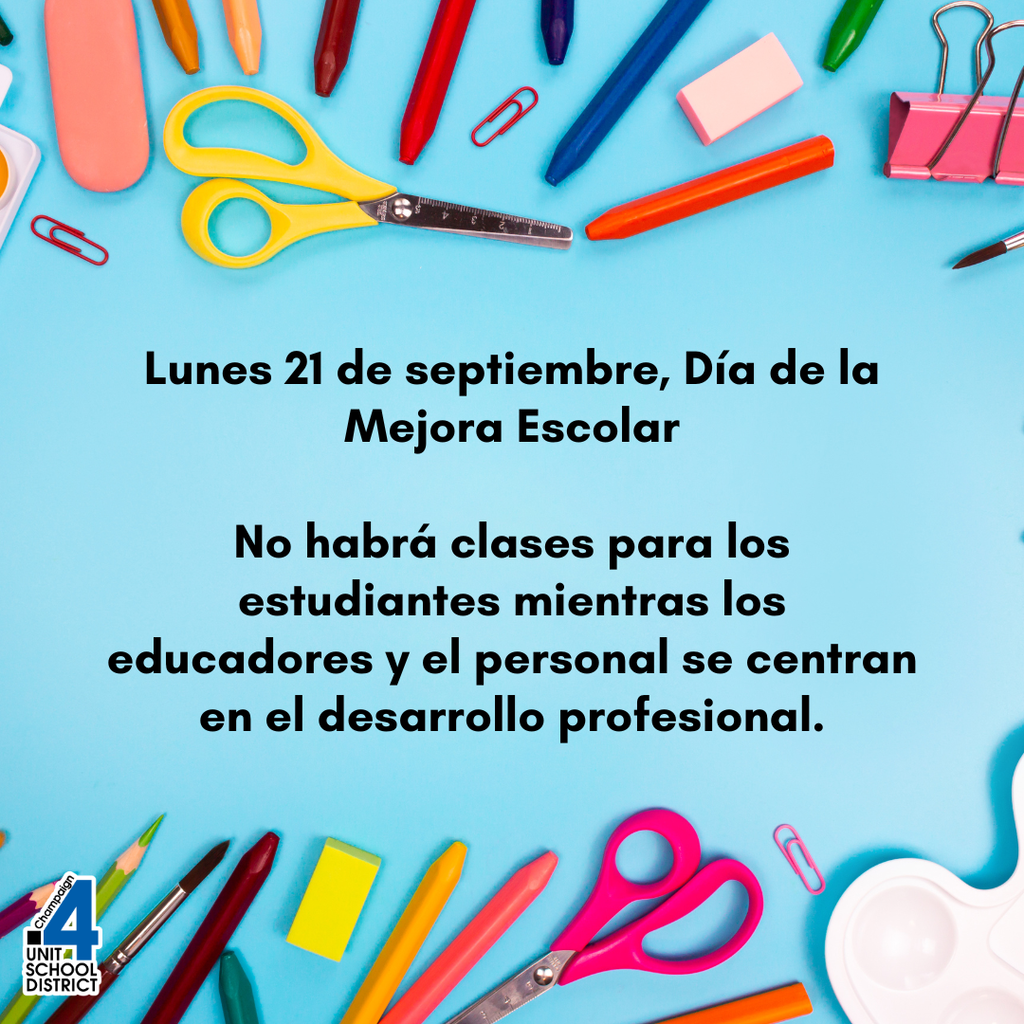 Bright blue background with various school supplies scattered around. Spanish text reads "Lunes 21 de septiembre, Día de la Mejora Escolar".