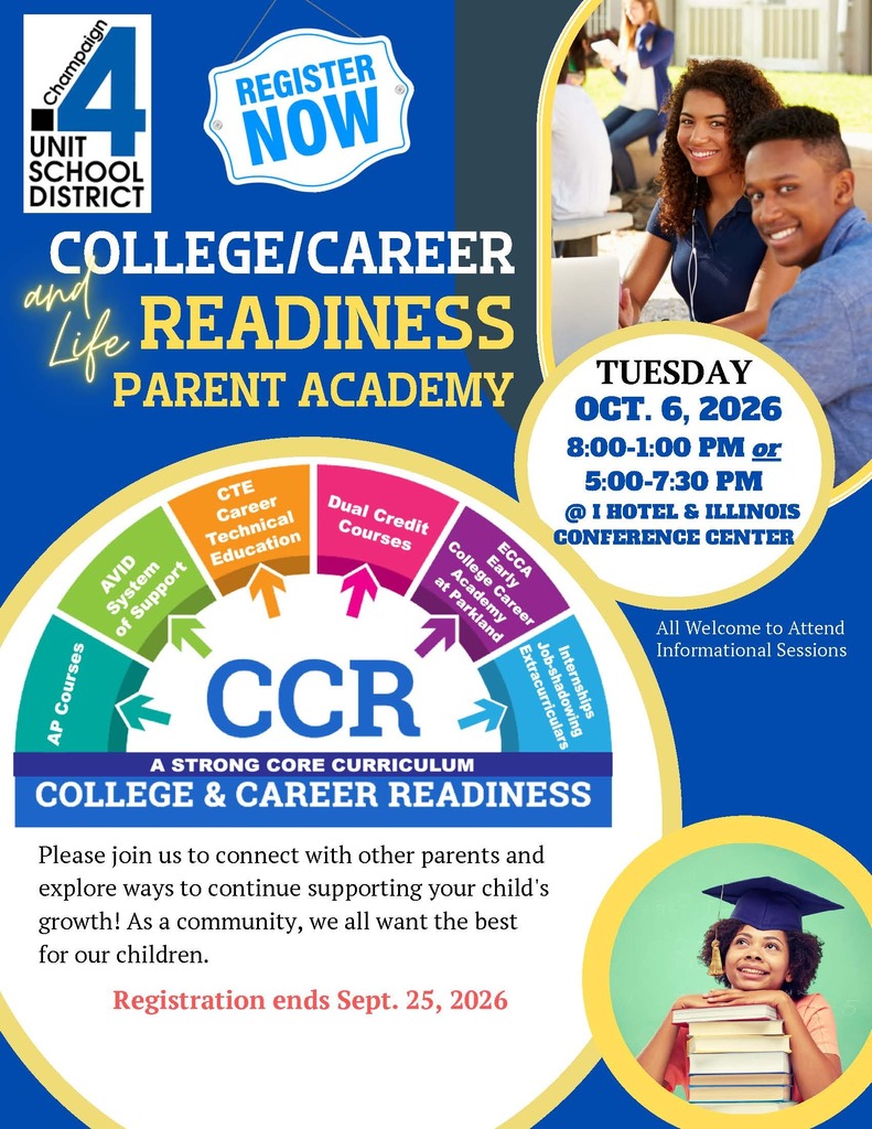Flyer for college/career readiness parent academy on Oct 6, 2026, 8:00-7:30 pm. Includes information on dual credit courses.