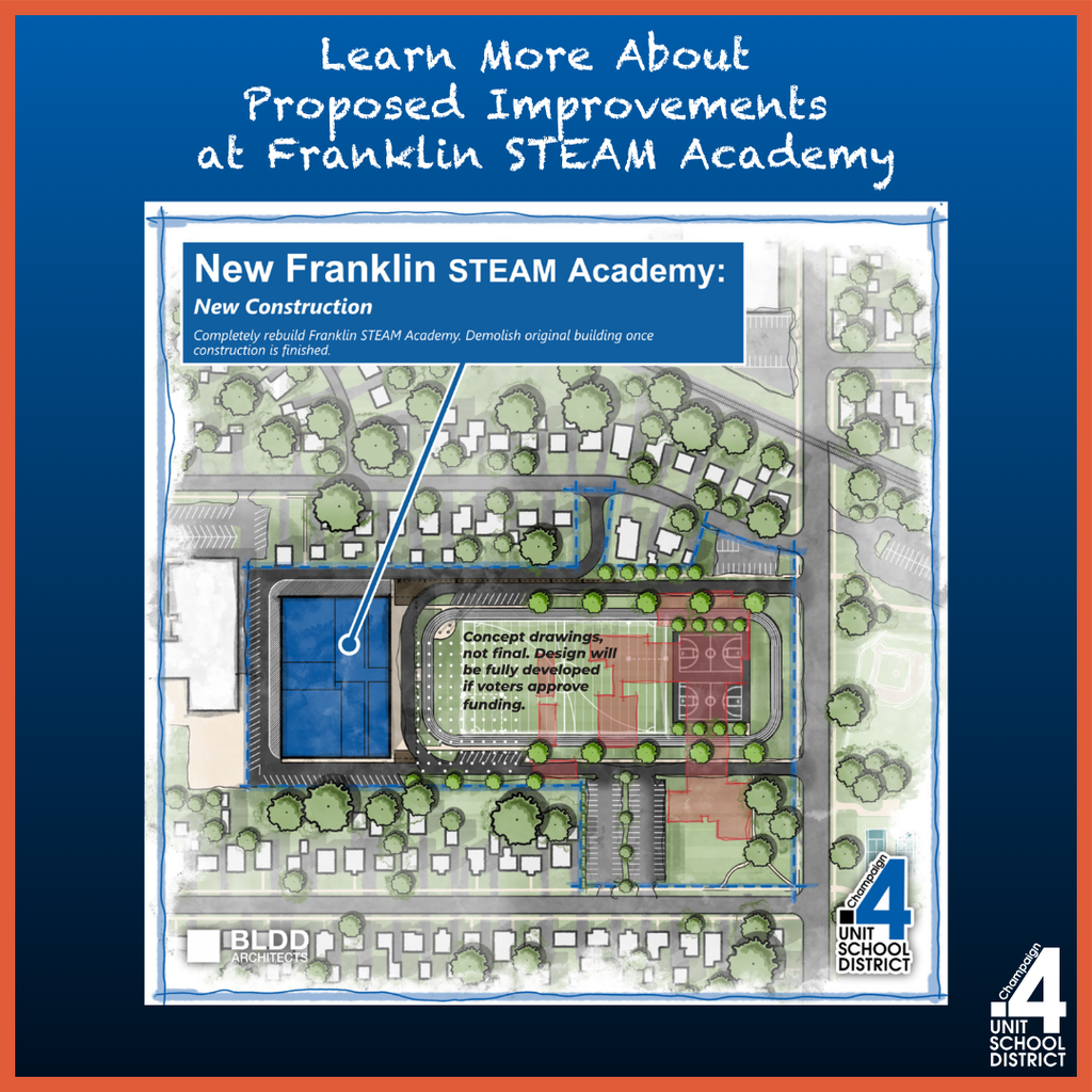 Blueprint of Franklin STEAM Academy shows new construction, highlighted with a blue arrow, against an orange and blue background.