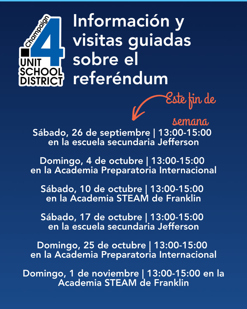 Blue poster for a school district, listing guided visits for a referendum, with dates, times, and locations.