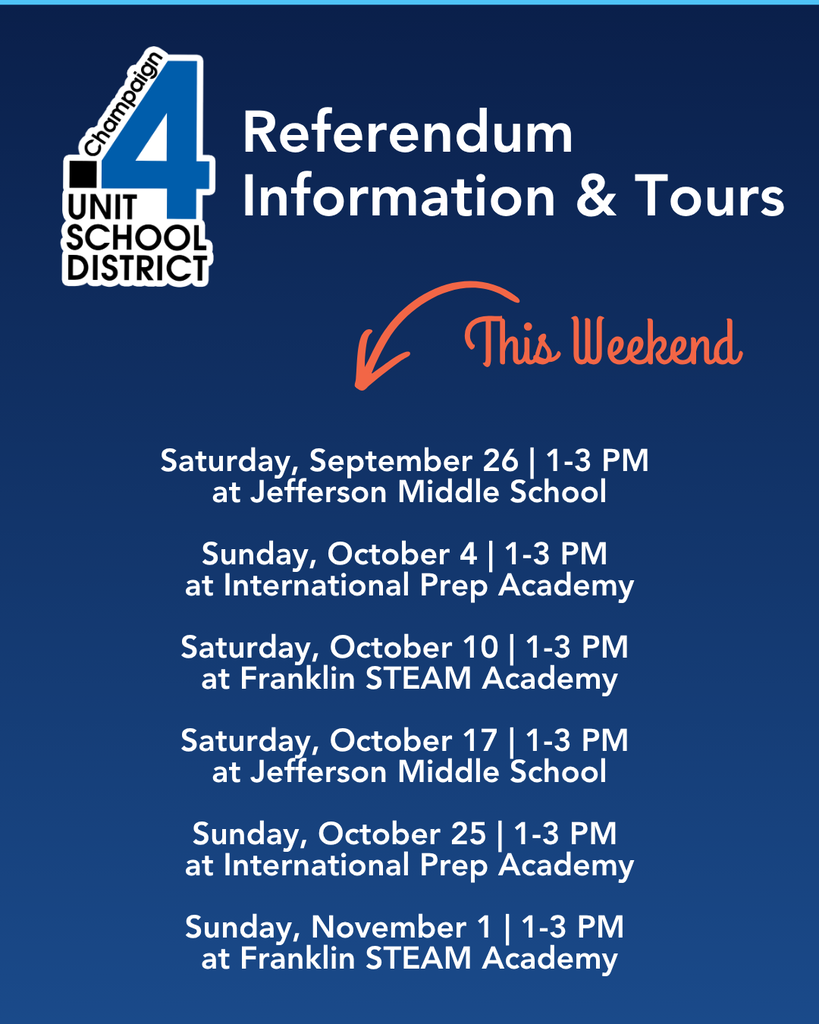 Blue background. Text: "Referendum Information & Tours" with blue arrow pointing to "This Weekend" at top. Dates and locations below.