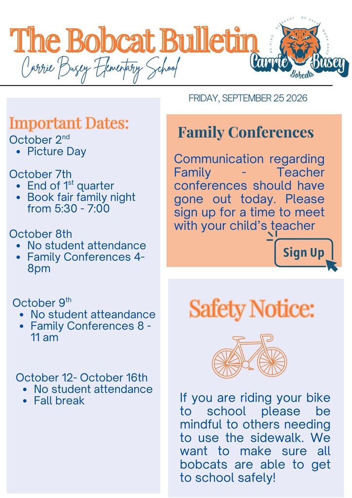 The Bobcat Bulletin displays events for Carrie Busy Elementary School on September 25, 2026. Highlights include Picture Day, Family Conferences, and Fall Break.