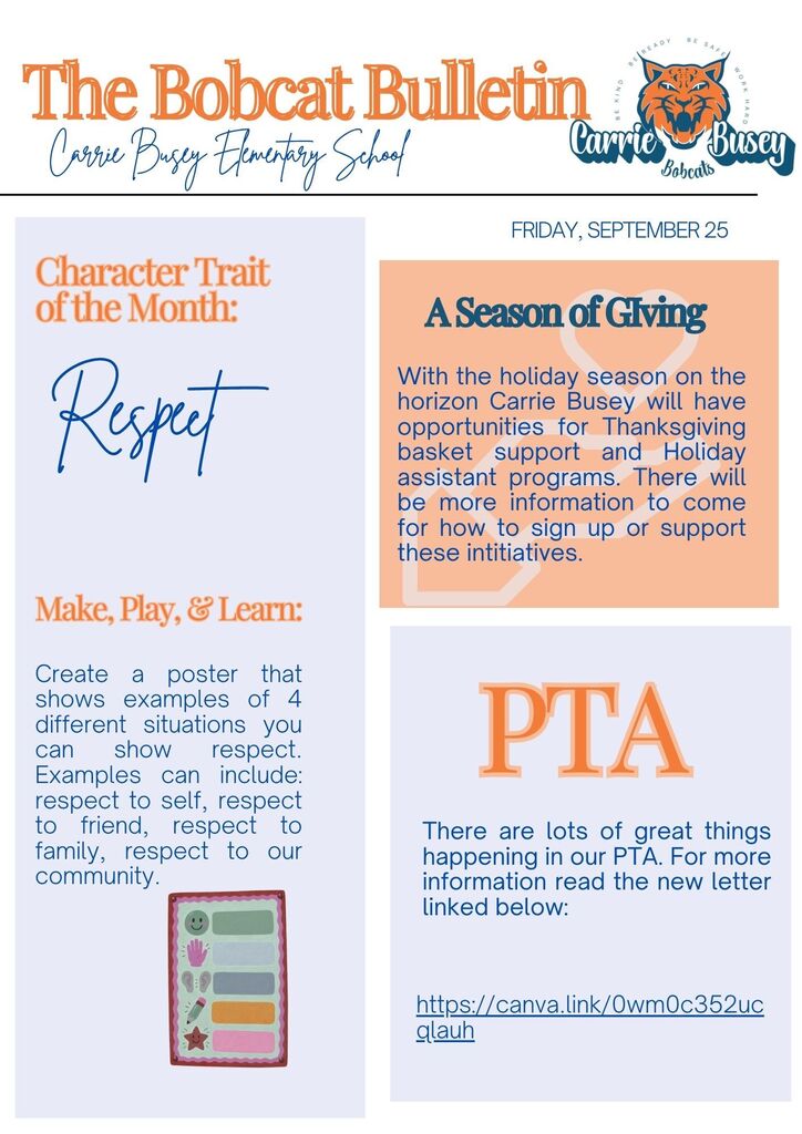 A school newsletter with sections for character trait of the month, a holiday season of giving, and PTA information.