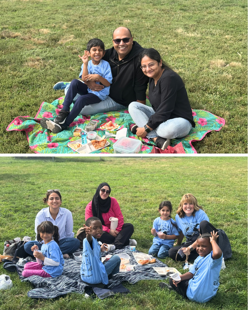 Two separate groups, one with two adults and a child, the other with five adults and four children, sitting on picnic blankets.