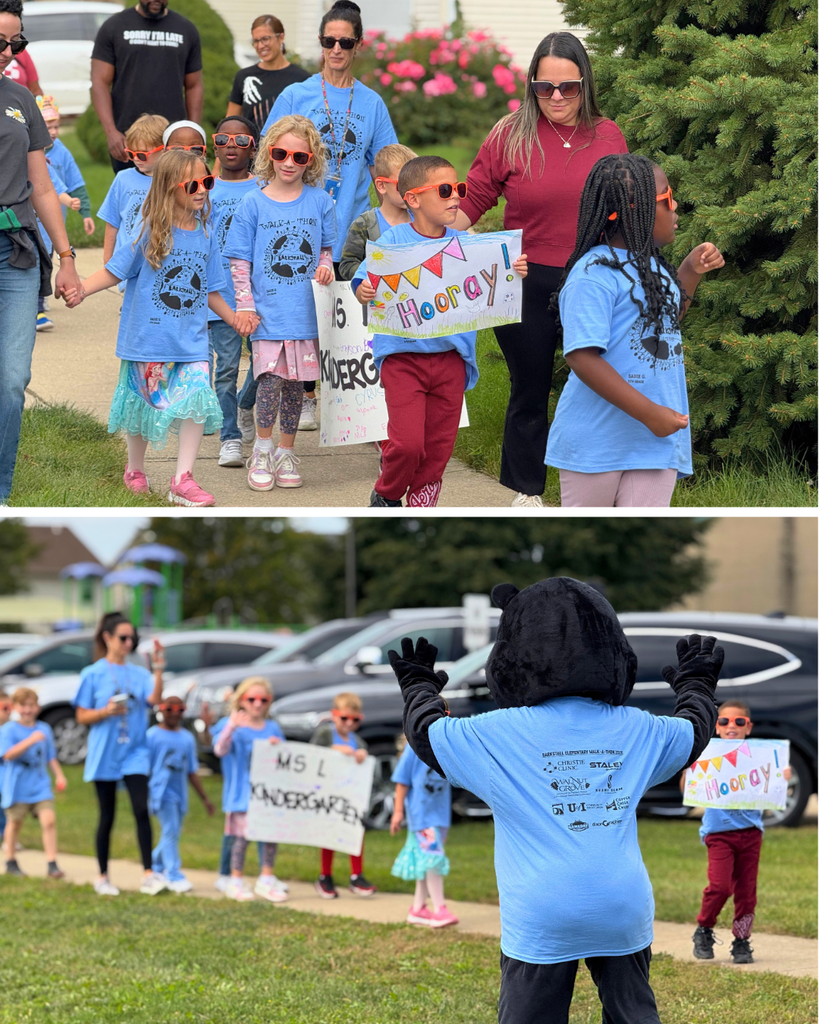 A collage with two groups of children in light blue shirts. They are holding signs and walking.