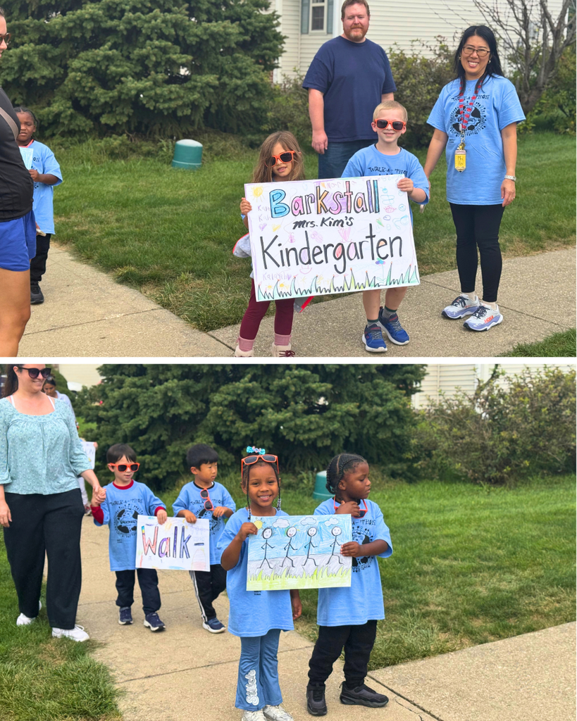 Two photos of kindergarten children holding signs, one group with a banner reading "Barkstall with Love's Kindergarten".