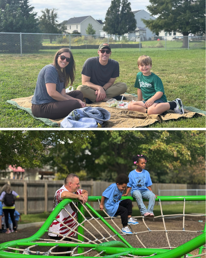 Two photos: a family of three sitting on a blanket outdoors, and a man and two children playing on a green net climber.