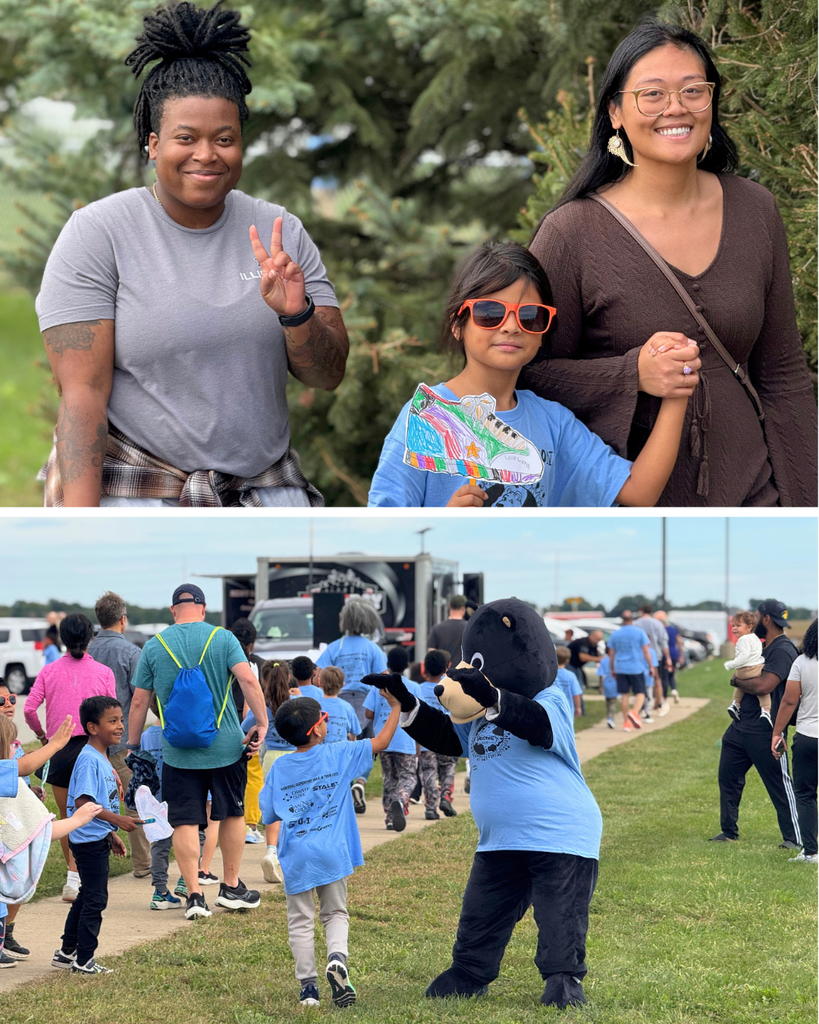 Three images: top left, a woman in gray, top right, a woman in brown with a girl, bottom, children in line with a mascot.