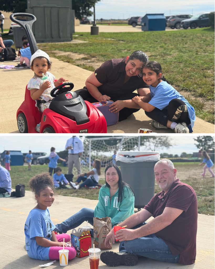 Two images show families. Top: girl in red car, man and girl sit beside her. Bottom: boy, woman, and man sit on ground.