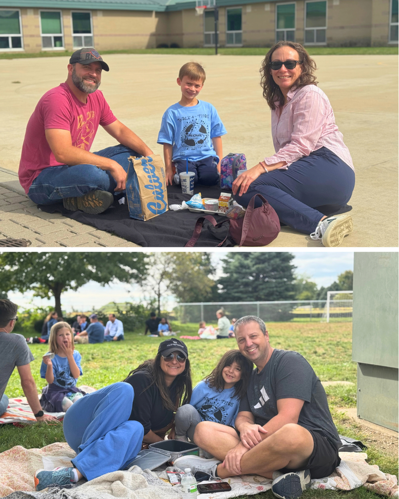 Two photos of people seated on a blanket, one with a family of four and the other with three adults and a child.