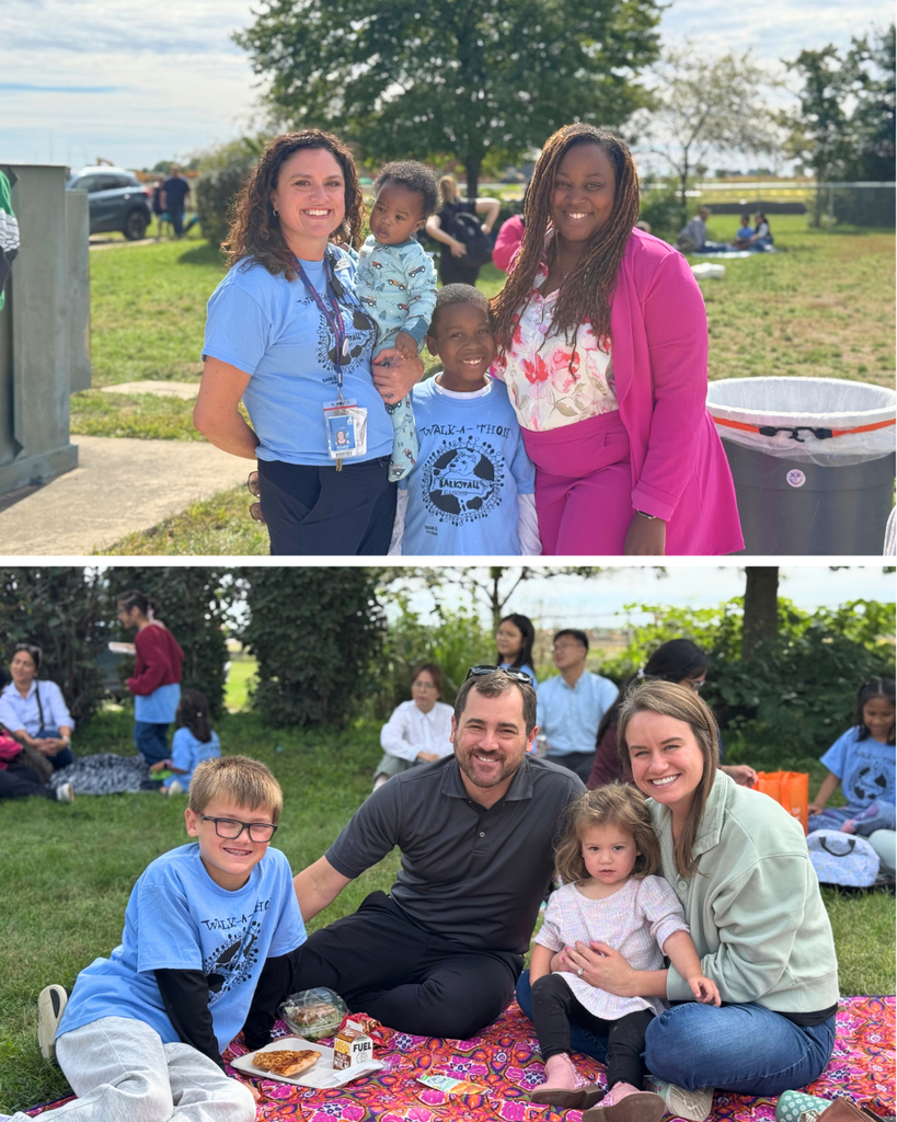 Two photos: Group of people outdoors, one with a baby. Below, a family sits on a picnic blanket with food.