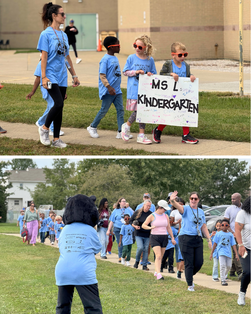 Two photos: group walking in blue shirts, one child holding a sign for Ms L Kindergarten. Another group in blue, walking on grass, with a person in a bear costume.