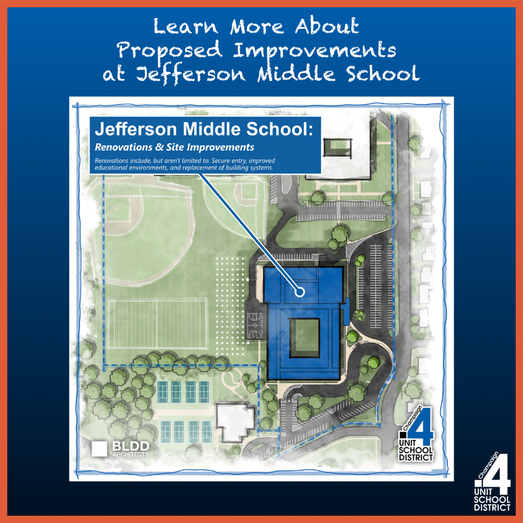 Map showing the proposed improvements to Jefferson Middle School, highlighting the new building. The map includes a legend and text.