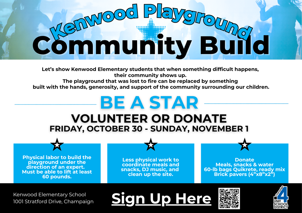 Poster with blue, black, and white colors. Text reads: "Kenwood Playground Community Build." A QR code is at the bottom.