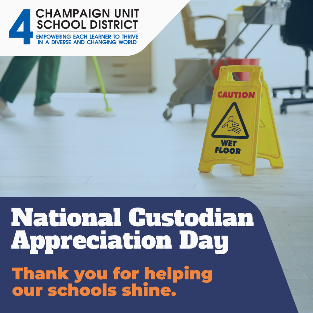 A school janitor cleans a floor. A "Caution: Wet Floor" sign is present. The text reads "National Custodian Appreciation Day".