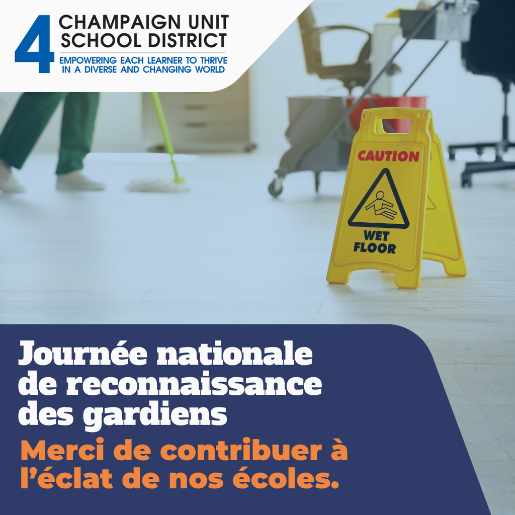 A poster shows a person cleaning with a broom. A caution sign is in front of the person.