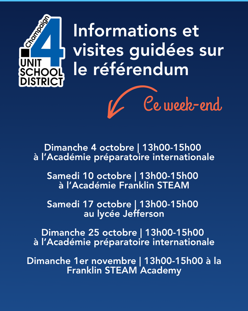 Blue poster with white text and logo, listing guided visits about a referendum at various academies on specific dates.