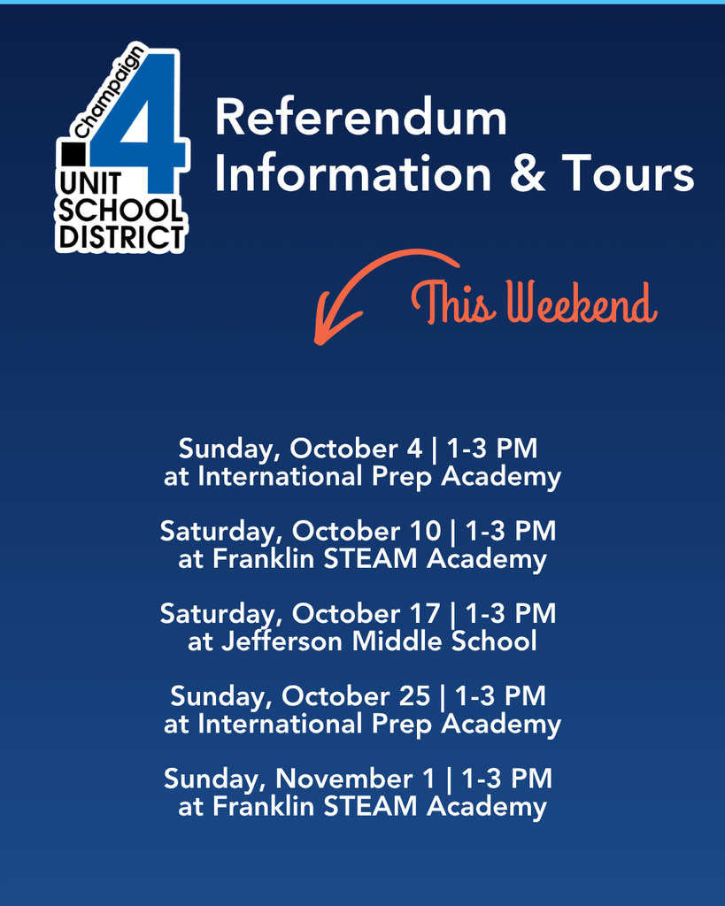 Blue background displays "Referendum Information & Tours" with arrows. Dates: Oct 4, 10, 17, 25, Nov 1. Times: 1-3 PM. Locations: International Prep Academy, Franklin STEAM Academy, Jefferson Middle School.