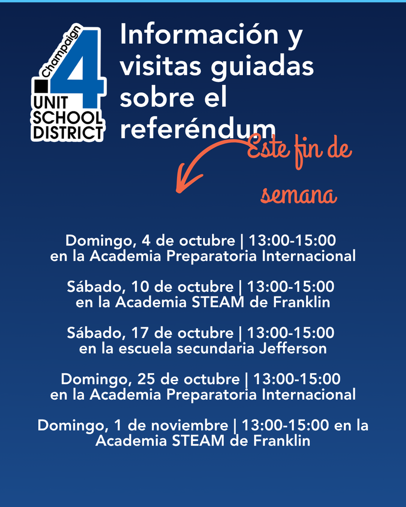 Blue background with a white arrow pointing to text in orange and red. White text reads "Información y visitas guiadas sobre el referéndum". Five dates are listed.