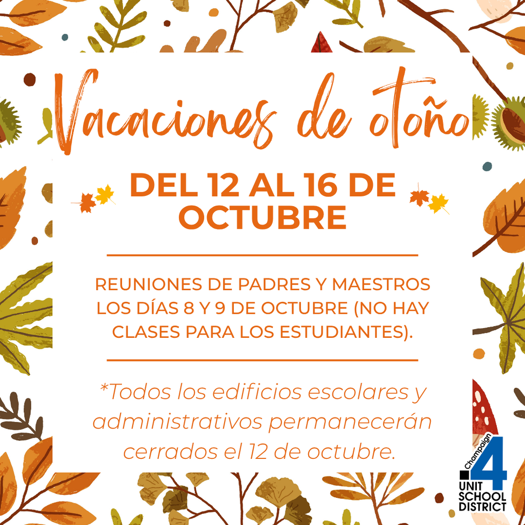 A flyer announces "Vacaciones de Otoño" from October 12-16, 2023. Parent-teacher meetings on October 8-9, 2023, with no classes. Schools and administrative buildings closed October 12.