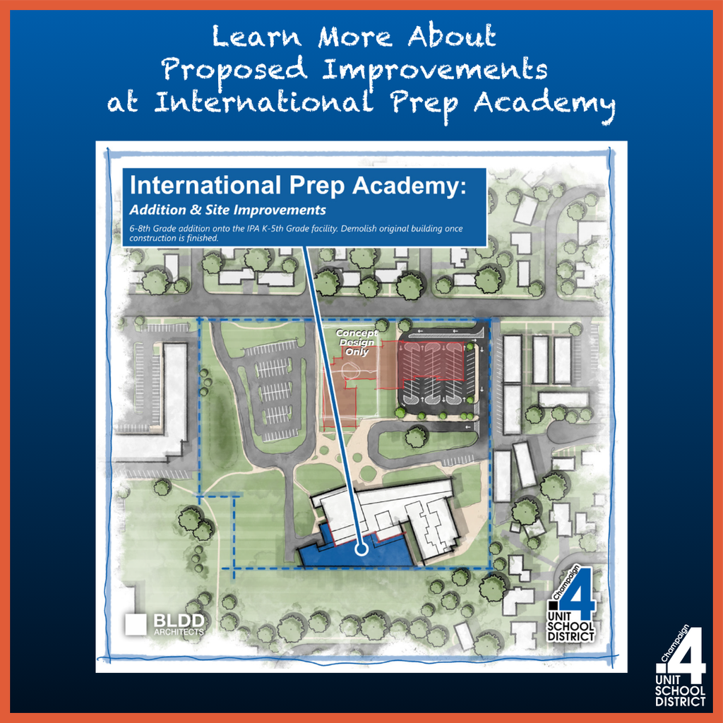 A diagram shows proposed improvements at International Prep Academy. The plan highlights a new building, a red line, and a pool.