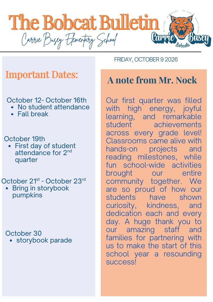 Bulletin displays important dates and a note from Mr. Nock, featuring a tiger logo and a list of events.