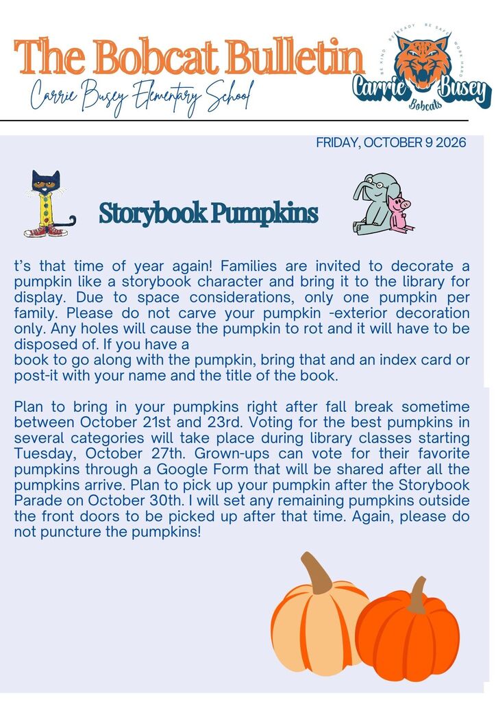 Document featuring The Bobcat Bulletin from Carrie Busy Elementary School. It announces a pumpkin decorating event on October 21st and 23rd.