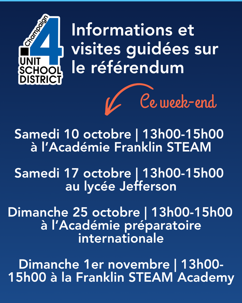 Blue background with text in French. Times and locations listed for guided tours about a referendum. Dates and locations include October 10, October 17, October 25, and November 1.