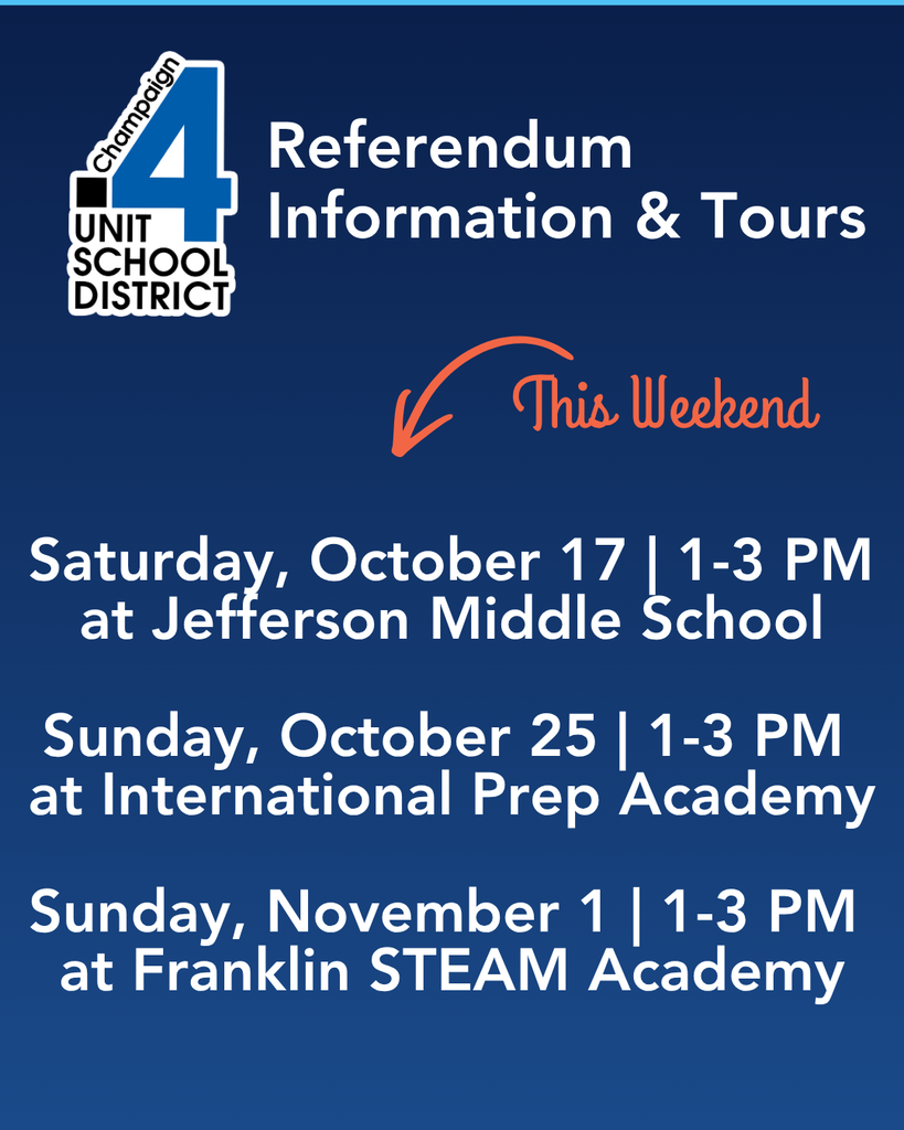 Blue background with white text. Dates, times, and locations for referendum information and tours.