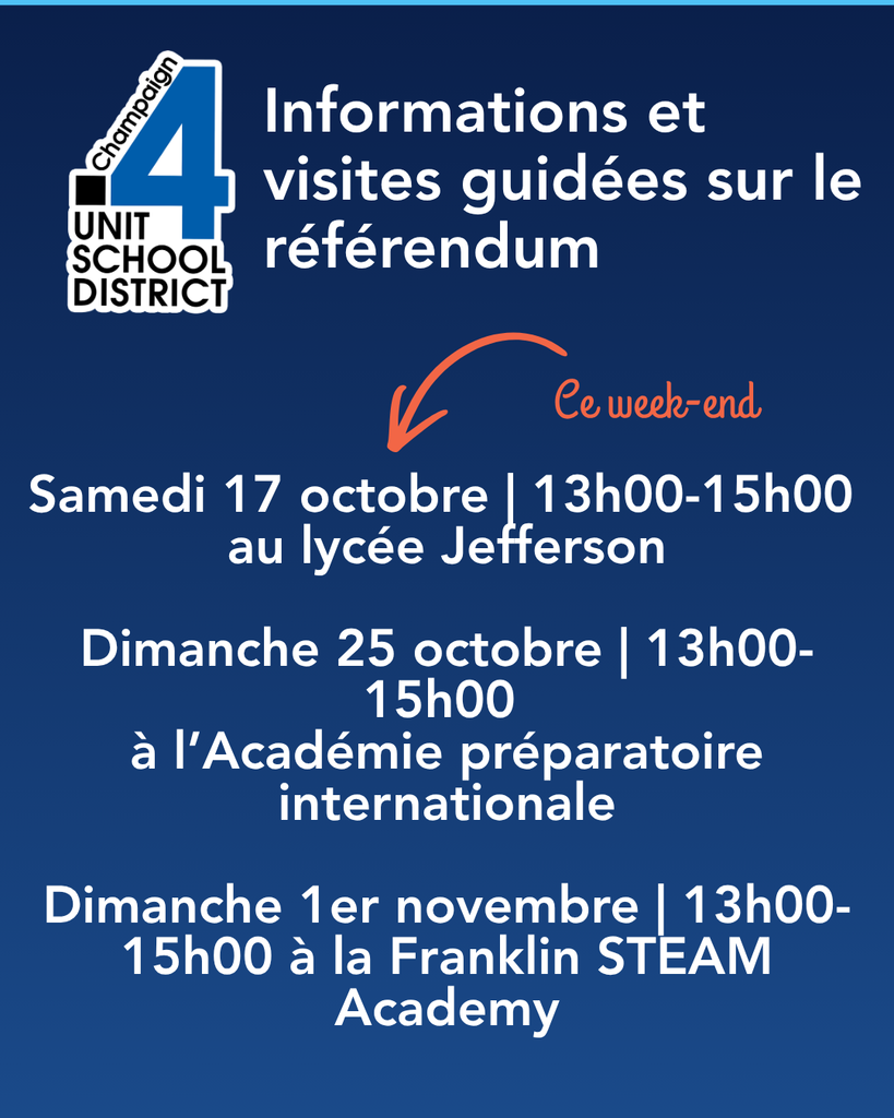 Blue background with white text and logo. Text reads "Informations et visites guidées sur le référendum" with three dates and times for guided tours.