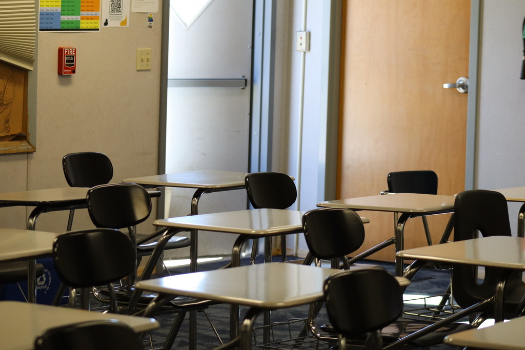 A room full of white and black desks at Jefferson Middle School.