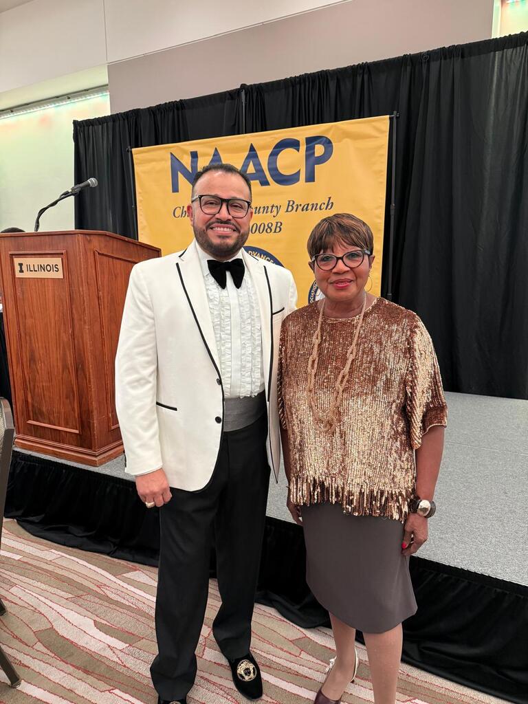 Superintendent Dr. Geovanny Ponce stands next to NAACP Champaign County Branch president Minnie Pearl Hemphill-Pearson during the Freedom Fund Dinner.