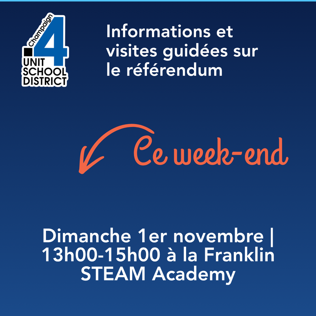 Blue background with white and orange text. A logo for a school district. Information about a guided tour.
