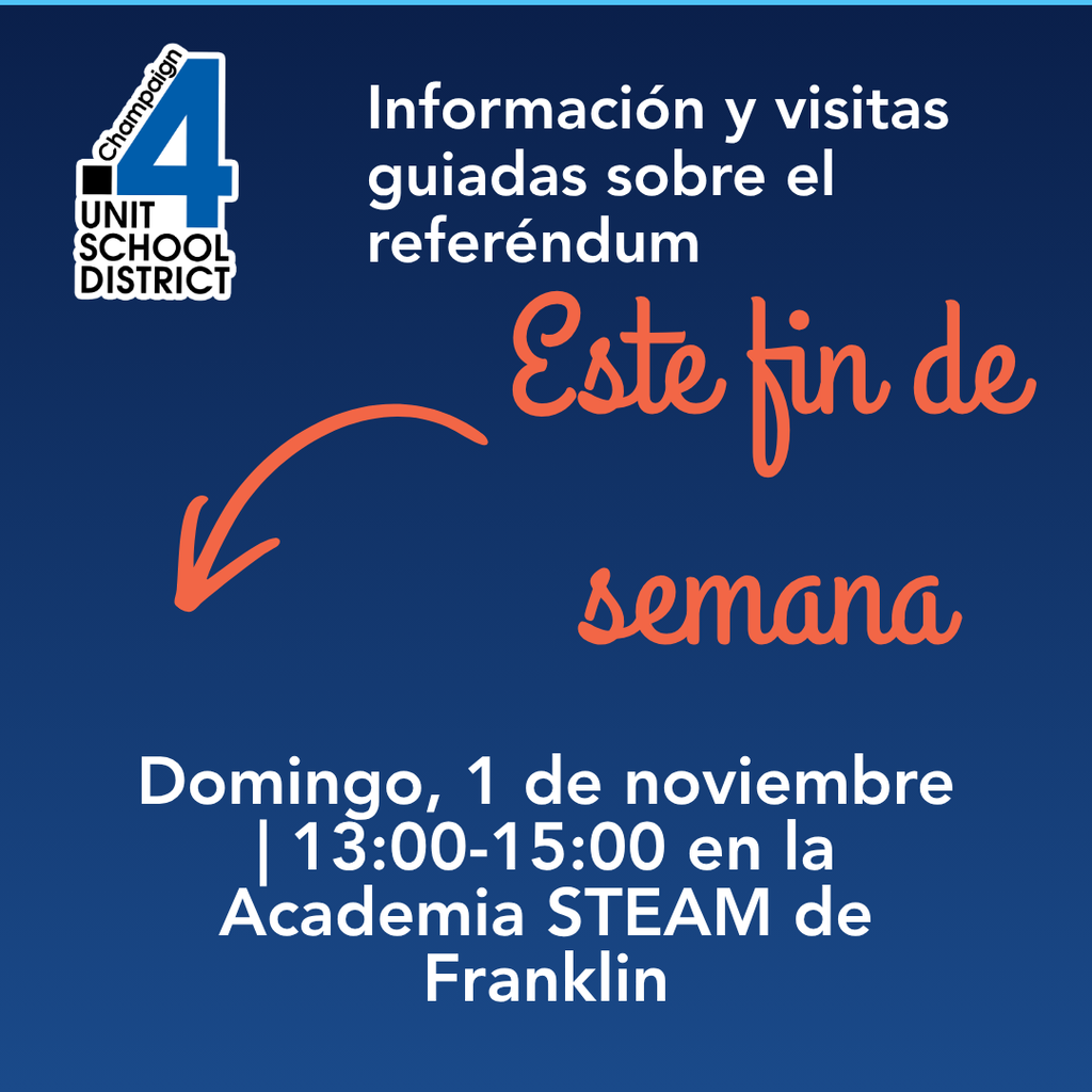 Blue background with red arrow pointing left. Text reads 'Este fin de semana Domingo, 1 de noviembre 13:00-15:00 en la Academia STEAM de Franklin'.