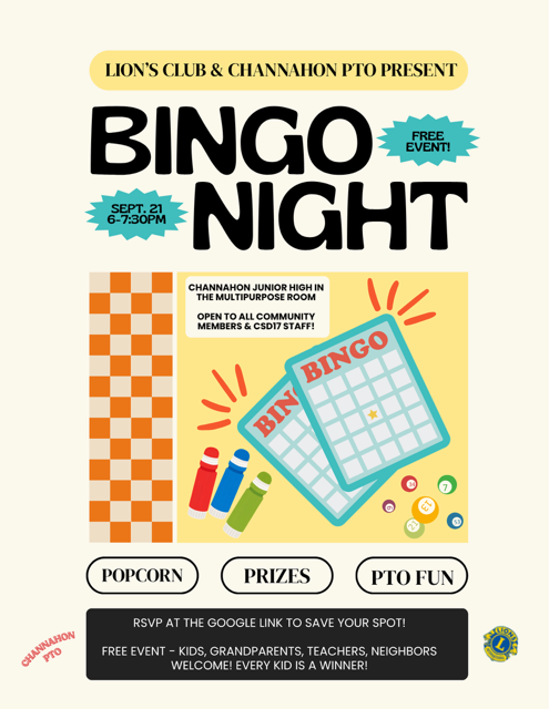 Bingo Night September 21 at 6pm