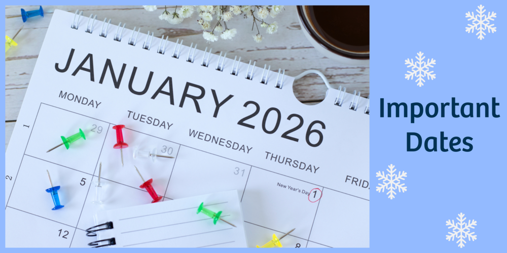 A January calendar sits on a desk below a cup of coffee. Several colorful thumbtacks and a lined memo pad are scattered over the calendar surface.