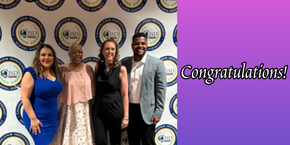 Ms. Mares, Ms. Samuel, Ms. Logan, and Mr. Lyons stand in front of the CVISD backdrop