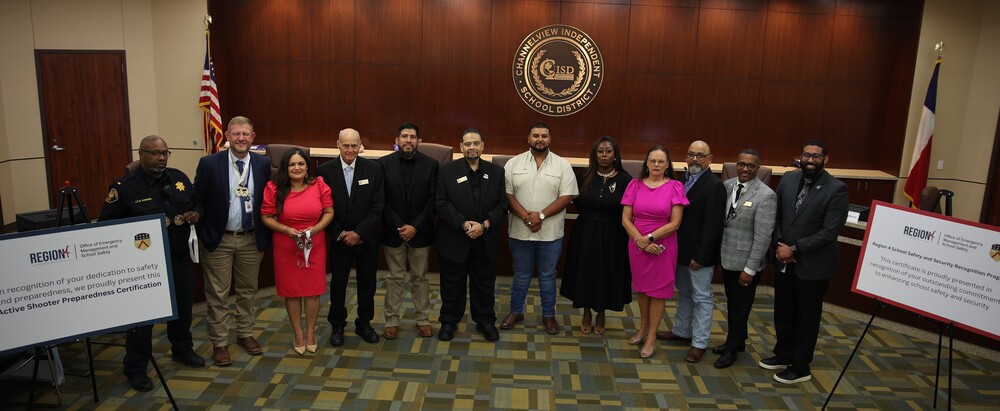 Channelview ISD Recognized with Two Prestigious Region 4 School Safety Awards: Lt. Howard, Mr. Laird, Mrs. Benitez, CISD Board of Trustees, Dr. Hill and Rep from Region 4