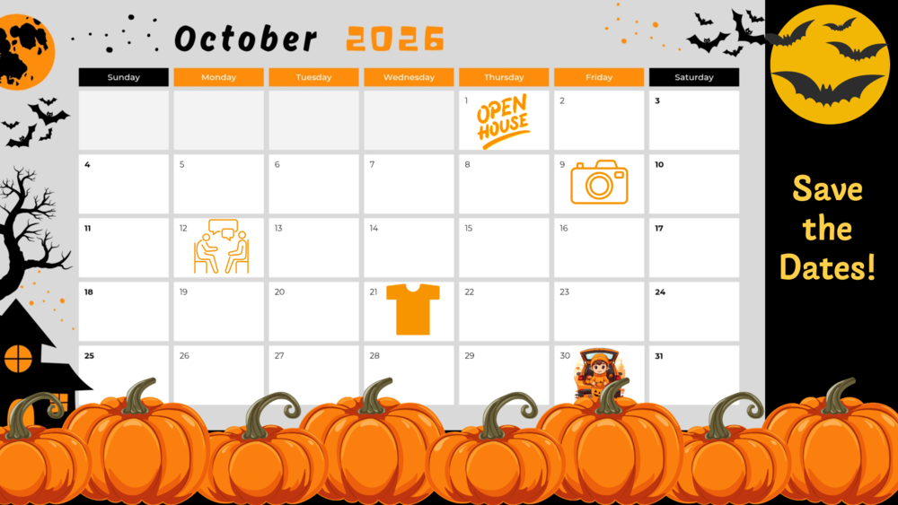 An October calendar in orange black and gray sits behind a row of autumn pumpkins. Icons on each row mark important days such as picture day and open house. On the right a harvest moon with bats flying in front of it. Words below the moon read: Save the dates!
