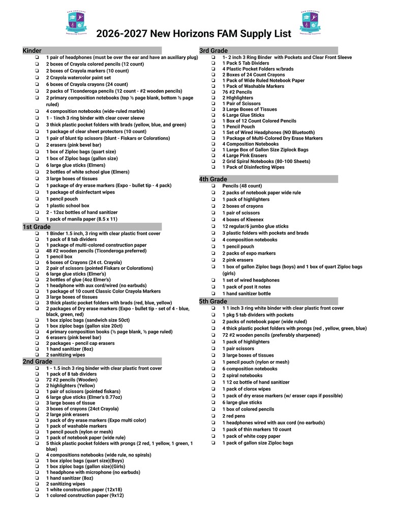 2026-2027 School Supply Lists / Lista de Utiles
