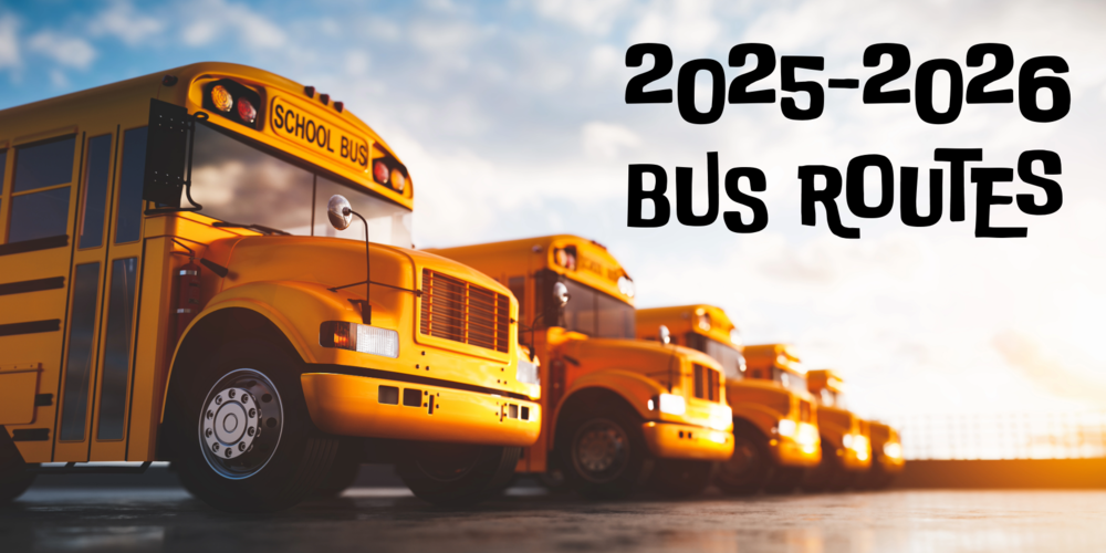 A row of buses sit against a cloudy sky--- words to the right read: "2025-2026/ Bus Routes"