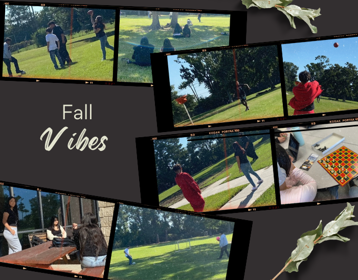 Photo collage of students hanging out on a beautiful day