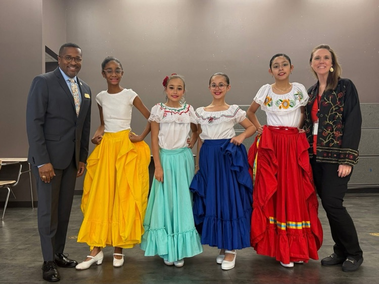Dr. Hill, Ms. Logan and Folklorico dancers