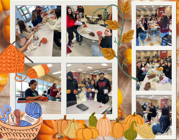 students knitting pumpkins