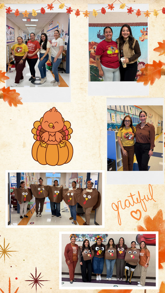 Collage of teachers dressed up in fall colors or as turkeys for dress up day.