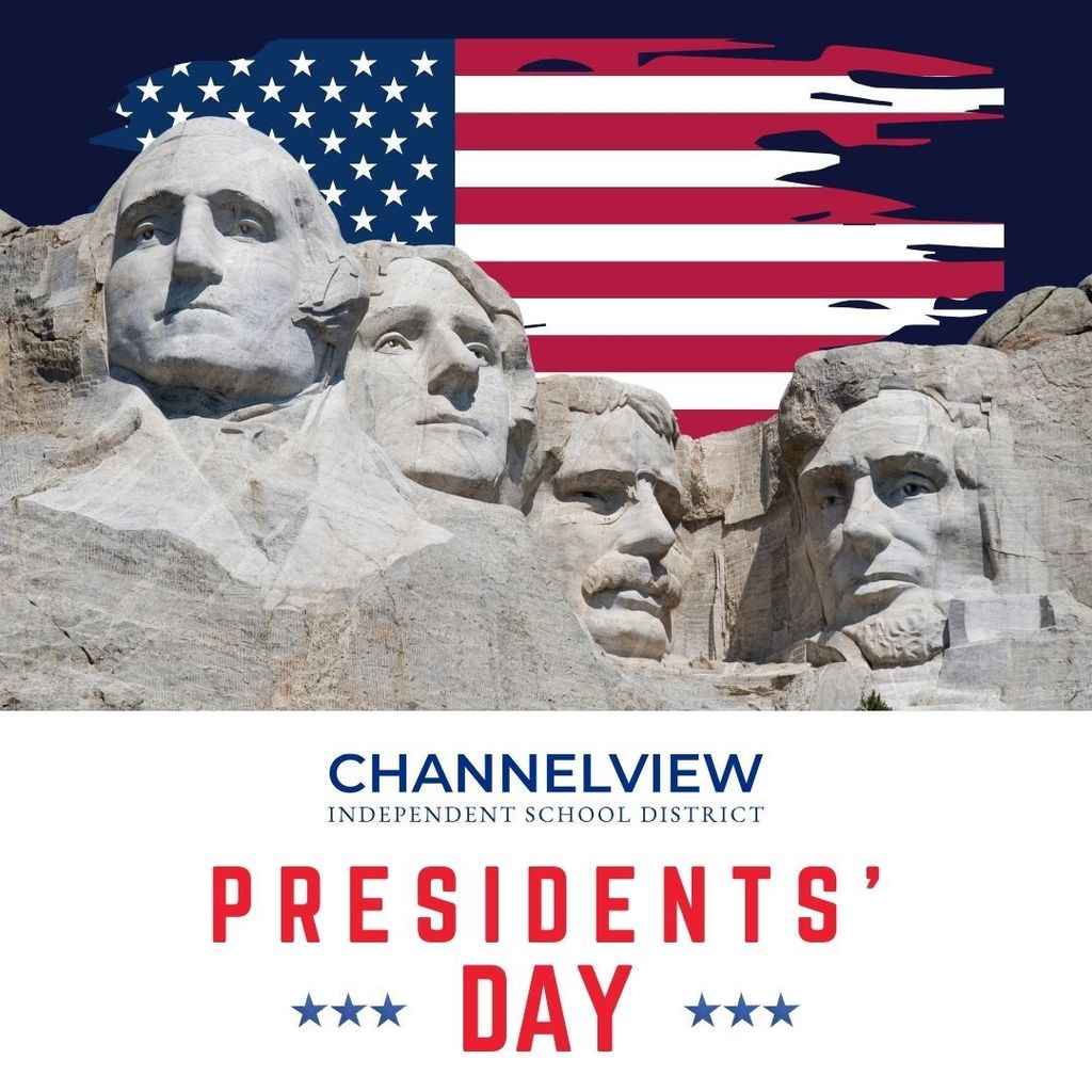 Presidents' Day graphic with The Mount Rushmore National Memorial sculptures and American flag on the background.