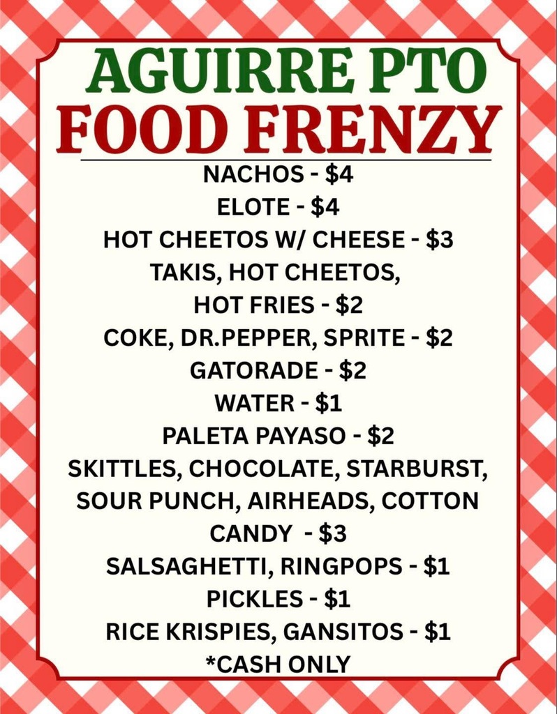 Aguirre PTO Food Frenzy lunch menu