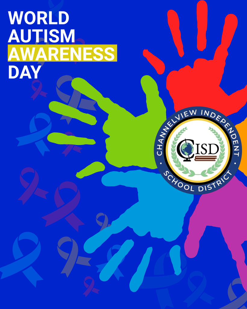 World Autism Awareness Day Graphic with 4 colorful hands and district logo