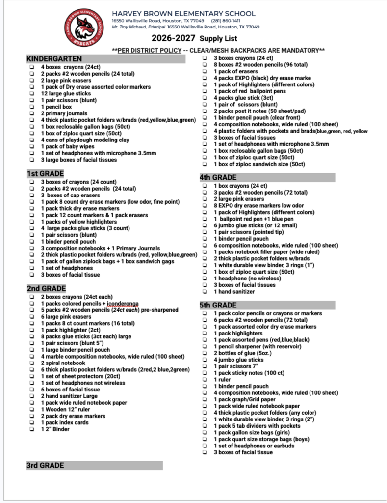 Supplies list