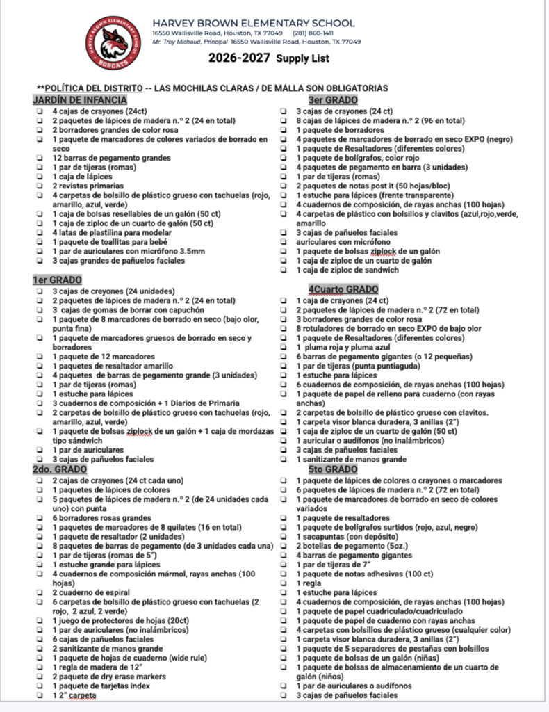 Supplies list spanish